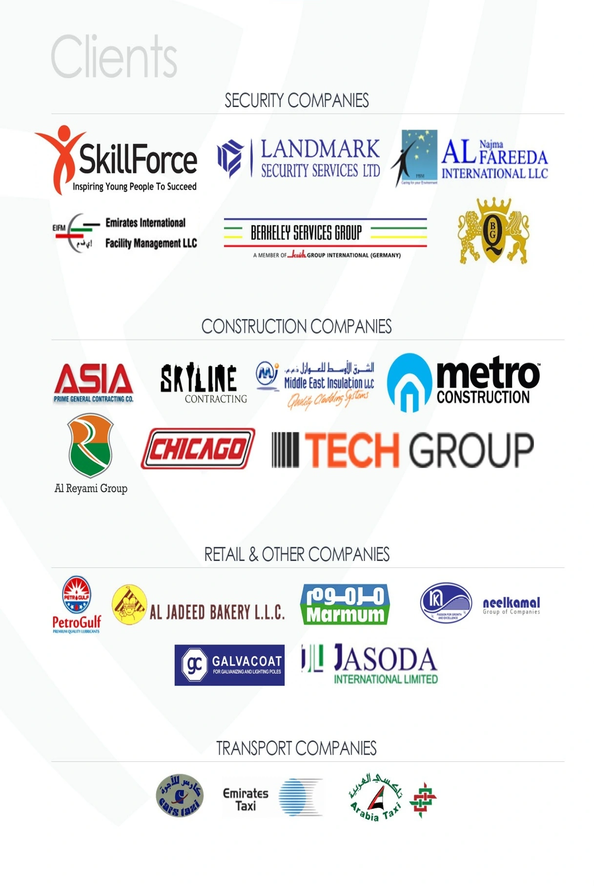 Company profile client portfolio, grouped into security, construction, retail and other companies, and transport